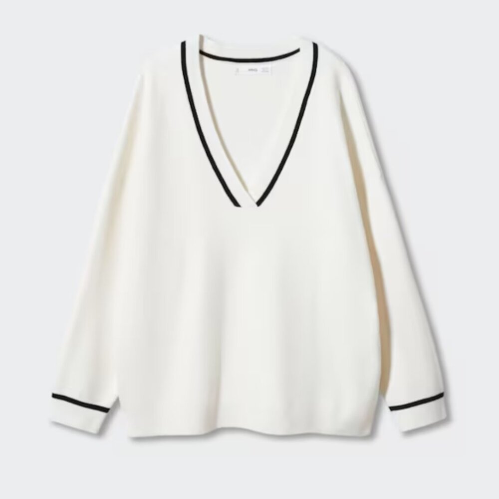 Mango Contrasting V Neck Sweater in White and Black Size M